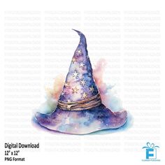 a watercolor drawing of a wizard's hat with stars on it and the words digital