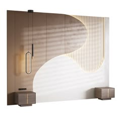 a room divider with two wooden boxes on each side and a light fixture hanging from the wall