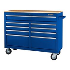 a blue tool cabinet with two drawers on the top and one drawer on the bottom