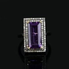 ⚫ This Ring Made With Amethyst & Diamonds in 925 Sterling Silver,⚫ Pave Diamond Gemstone Cocktail Ring 925 Sterling Silver Jewelry.⚫ Gemstone Ring, Diamond Jewelry, Everyday Jewelry⚫ Special customize for Mother's day, Anniversary, Birthday Gift, Valentine, Christmas. Item Details:Gross Weight:6.31 Grams925 Sterling Silver Weight:5.15 GramsDiamond Weight:0.91 CaratsAmethyst Weight:4.90 CaratsItem Size: 21x15 MMRing Size: US 7Item SKU: AROS-1392Gemstone color may vary due to natural and avail Luxury Amethyst Ring With Diamond Accents For Promise, Luxury Amethyst Promise Ring With Diamond Accents, Luxury Amethyst Ring With Diamond Accents For Anniversary, Luxury Purple Amethyst Ring, Rectangular Shape, Luxury Purple Amethyst Rectangular Ring, Luxury Purple Rectangular Amethyst Ring, Luxury Sterling Silver Diamond Ring With Gemstone Accents, Luxury Baguette Cut Gemstones For Gift, Luxury Rectangular Amethyst Ring