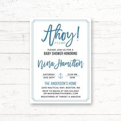 a baby shower is shown with the word ahoy on it and an anchor in blue ink