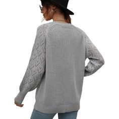 Gray Solid Hollow-out Long Sleeve Knit Cardigan