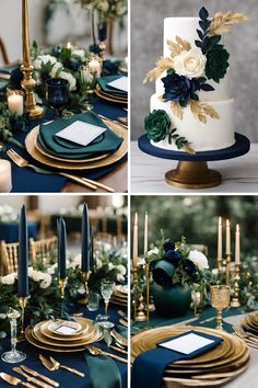 the table is set with gold, blue and green plates and place settings for an elegant dinner