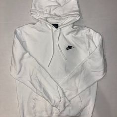 Never Worn Casual Nike Hoodie For Streetwear, White Casual Hoodie Top, Casual White Hoodie Top, White Crew Neck Sweatshirt With Drawstring Hood, Casual White Crew Neck Hoodie, Basic White Sweatshirt For Winter, Basic White Winter Sweatshirt, White Hoodie With Ribbed Cuffs For Athleisure, White Crew Neck Hoodie For Streetwear