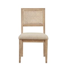 a wooden chair with a beige upholstered back and seat cushion on the side