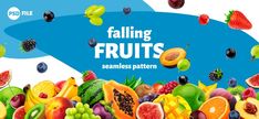 a bunch of different fruits flying in the air with text over it that says falling fruits seamless pattern