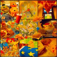 a collage of pictures with pokemon characters and food items on the bottom right hand corner