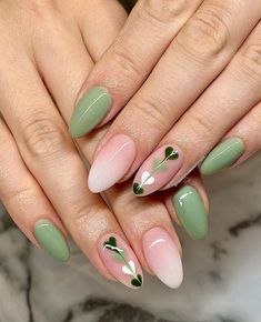 Valentines Nails Green, Green Heart Nail Designs, Valentines Day Nails Green, Sage Green And Light Pink Nails, Matcha Inspired Nails, Green Valentines Day Nails, Matcha Nails Inspiration, Dinosaur Nails Acrylic, Light Green And Pink Nails