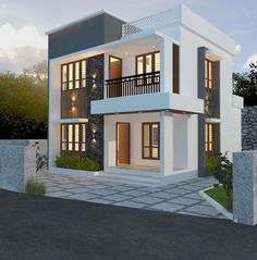 a two story white and gray house with lights on