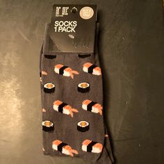 H&M Sushi Socks Color: Gray With Multicolored Sushi Design Size: 7.5-9 Shoe Size 63% Cotton, 36% Polyamide, And 1% Elastane Machine Wash And Tumble Dry Low Nwot. In Original Packaging Sushi Socks, Sushi Design, Socks Packaging, H M Accessories, Hosiery, Gray White, H&m, Socks, Size 7