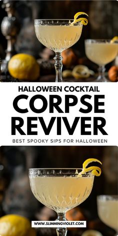 two glasses filled with halloween cocktail and the words corpse revival