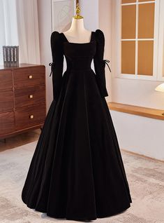 Black Velvet Ball Gown, Black Velvet Long Sleeve Dress, Black Gowns Dresses, Winter Gowns Formal, Black Long Sleeve Dress Formal, Black Gown Aesthetic, Conservative Prom Dresses, Black Formal Dress With Sleeves, Long Sleeve Ball Gown Prom