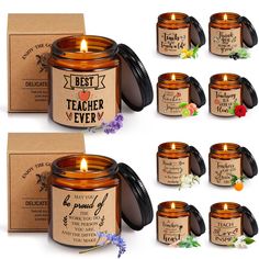 six different types of candles with labels on them