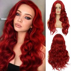 PRICES MAY VARY. Quality: The long curly red wigs are all made of heat-resistant synthetic fibers, with a natural look and soft touch, perfect for long-term use. Natural Looking : Red color, looks real, nature, very pretty, bring you more beautiful and sexy. Average Wig Cap : Our wig has an adjustable and breathable rose net which allows superior ventilation for maximum scalp cooling, you can adjust the hook inside the cap to the correct size to suit your head. Occasions : Great for theme party, Red To Pink Ombre Hair, Warm Red Hair, Hoodie Hairstyles, Red Hair Halloween Costumes, Wig Middle Part, Pink Ombre Hair, Red Wig, Real Nature, Streetwear Chic