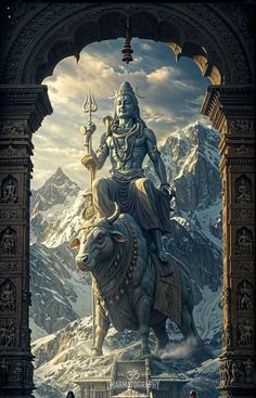 an image of the god sitting on top of a horse with mountains in the background