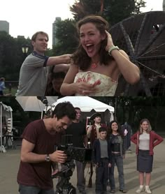 two pictures with people standing around and one has a camera in front of her, while the other is filming