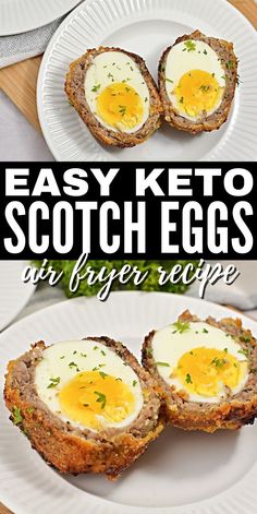 an easy keto scotch eggs recipe on a white plate