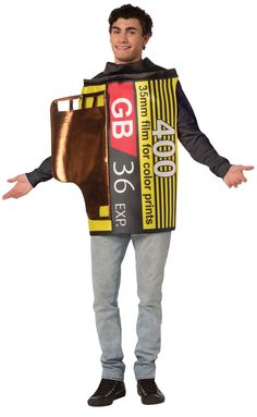 a man is wearing a costume made to look like a box with the word g e on it