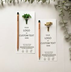 two business cards with plants and pencils on them