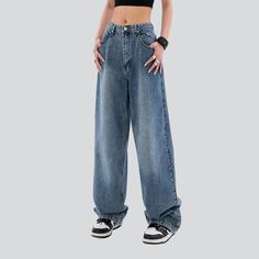 Vintage blue women's baggy jeans online—excellent jeans from the 2023 Spring-Summer collection. Street-style trend denim is a fashion style that focuses on the individual's personal expression and unique look. This style celebrates the freedom of self-expression and gives people a chance to make a statement with their clothing choices. It combines classic denim designs with modern trends, allowing for timeless pieces and more personalized looks. Denim in the street-style movement is ideal for pe Blue Baggy Jeans, Jean Jacket Patches, Street Style Trends, Street Trends, Loose Jeans, Love Vintage, Current Fashion Trends, Jeans Online, Denim Design