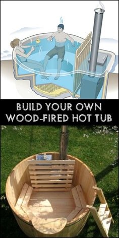 a wooden fired hot tub in the middle of some grass with an advertisement above it that says build your own wood fired hot tub