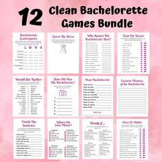 the 12 clean bachelor games bundle is shown with pink watercolor background and white text