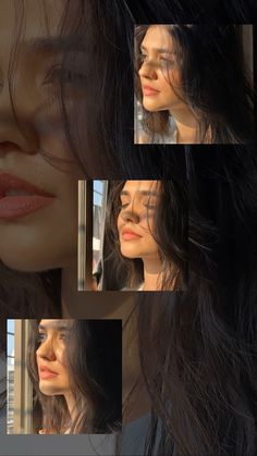 multiple images of a woman's face with long dark hair and red lipstick on her lips