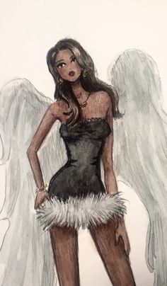 a drawing of a woman with angel wings on her head and body, standing in front of a white background