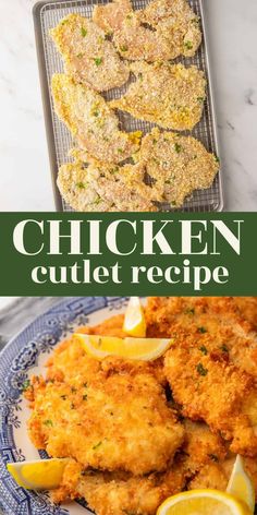 chicken cutlet recipe on a plate with lemon wedges