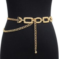 Belt measures approx. 47.25" L Chic Adjustable Chain Belt, Trendy Chain Belt With Strap For Night Out, Chic Adjustable Chain Belt As Fashion Accessory, Trendy Waist Chain With Chain Strap For Party, Trendy Chain Strap Waist Chain For Party, Trendy Adjustable Gold Waist Chain, Trendy Metal Chain Belt For Party, Adjustable Gold Chain Link Belt, Chic Metal Chain Belt For Night Out