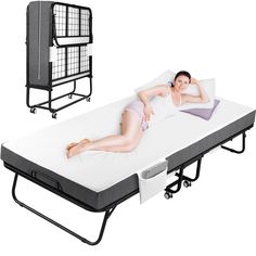 a woman laying on top of a bed next to a black and white wall rack