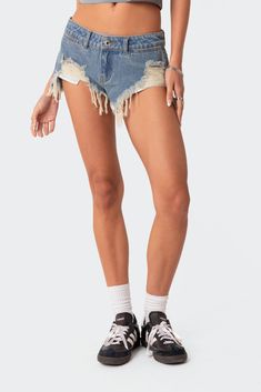 PRODUCT INFO Micro shorts Low rise waist Distressed detailing Denim fabric 100% Cotton Model wears size S Model height is 5'9 Item care: Wash with similar color Shorts Low Rise, Micro Shorts, Mom Jeans Shorts, Jeans Low Rise, Jeans Wide, Jeans Mom, Swimwear Dress, Wide Jeans, Mini Short