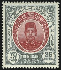 an old stamp with a man in red and green