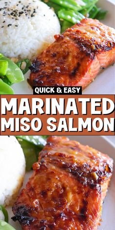 salmon and rice on a white plate with the words marinated miso salmon