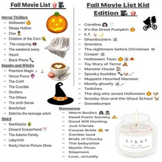 halloween movies list with pumpkins and other items