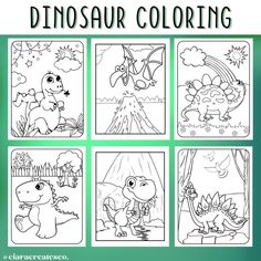 the dinosaur coloring page is shown with four different pictures, including two dinosaurs and one dragon