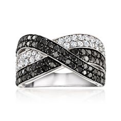 Ross-Simons - 2.00ct t. w. Black, White Diamond Crisscross Ring in Silver. Size 7. Opposites attract in this high-impact statement! Our ultra-chic crisscross ring wraps the finger in 2.00 ct. t. w. black and white diamonds for a bold look that grabs well-deserved attention. Crafted in polished sterling silver. Black rhodium. 1/2" wide. Black and white diamond crisscross ring. Diamond birthstones are the perfect gift for April birthdays. Crisscross Ring, Ring Wraps, Black Diamond Jewelry, Diamond Birthstone, White Diamond Ring, Mixed Metal Jewelry, Opposites Attract, Jewelry Essentials, Jewelry Rings Diamond