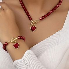 Faux Pearl Beaded Toggle Necklace And Earrings In Goldtone. Great Valentines Gift. Comes With Red Satin Gift Bag. Heart Necklace And Bracelet Set, Luxury Red Beads For Jewelry Making, Red Jewelry Set, Sports Jewelry, Toggle Necklace, Pearl Jewelry Sets, Color Beads, Beaded Collar, Fashion Jewelry Sets