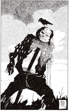 a black and white drawing of a man with a crow on his head