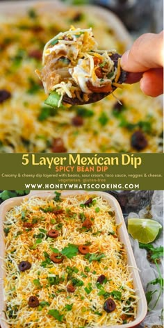 mexican dip recipe in a casserole dish with tortilla chips and cilantro