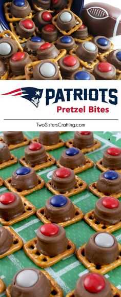 chocolate pretzel bites are arranged on a football field with the nfl logo in the middle