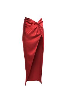 Silk Twist Knot Skirt | Fleur du Mal Chic Evening Skirt With Ruched Details, Chic Ruched Evening Skirt, Chic Evening Ruched Skirt, Elegant Ruched Skirt For Date Night, Elegant Split Skirt For Party, Chic Long Silk Wrap Skirt, Chic Red Silk Bottoms, Chic Skirt With Side Slits For Evening, Chic Evening Skirt With Side Slits