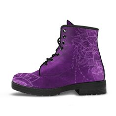 All of our Leather Boots are custom-made-to-order and handcrafted to the highest quality standards. - Features vegan-friendly leather with a double-sided print and rounded toe construction. - Lace-up closure for a snug fit. - Soft textile lining with sturdy construction for maximum comfort. - High-quality rubber outsole for traction and exceptional durability. Please allow 3-7 days to receive a tracking number while your order is hand-crafted, packaged and shipped from our facility. Estimated sh Purple Leather Boots With Round Toe, Purple Leather Ankle-high Boots, Purple Leather Lace-up Boots, Purple Lace-up Leather Boots, Hipster Boots, Purple Mandala, Lace Up Boots Women, Black Hipster, Purple Boots