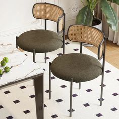 two chairs sitting next to each other on top of a white rug in front of a potted plant