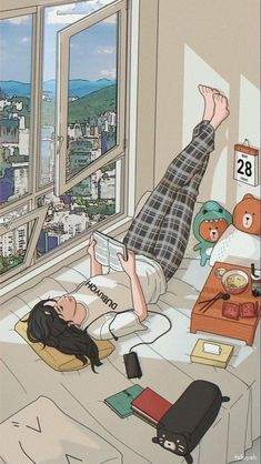 a person laying on a bed in front of a window looking out at the city