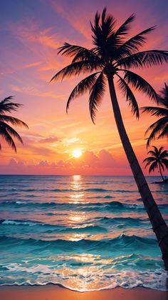 two palm trees on the beach at sunset