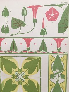 an image of flowers and leaves in green and pink colors on a white wallpaper