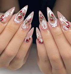 Art Wishlist, Strawberry Nails, Hand Painted Nails, Lace Nail Art, Nails Gel Nails, Lace Painting, Custom Press On Nails, Romantic Nails, Lace Nails