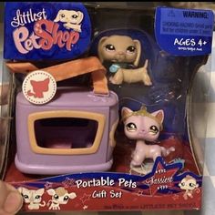 the littlest pet shop playset is purple and has a cat on it's back