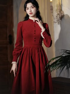 Crimson Lady Corduroy Dress – remulia Formal Fall Dress With Doll Collar, Fitted Dress With Ruffled Collar For Fall, Fitted Fall Dresses With Ruffled Collar, Red Victorian Dress For Formal Occasions, Formal Long Sleeve Vintage Dress With Ruffles, Long Sleeve Vintage Dress With Ruffles For Formal Occasions, Classic Red Dress For Fall, Classic Red Dresses For Fall, Elegant Fall Dresses With Ruffled Collar